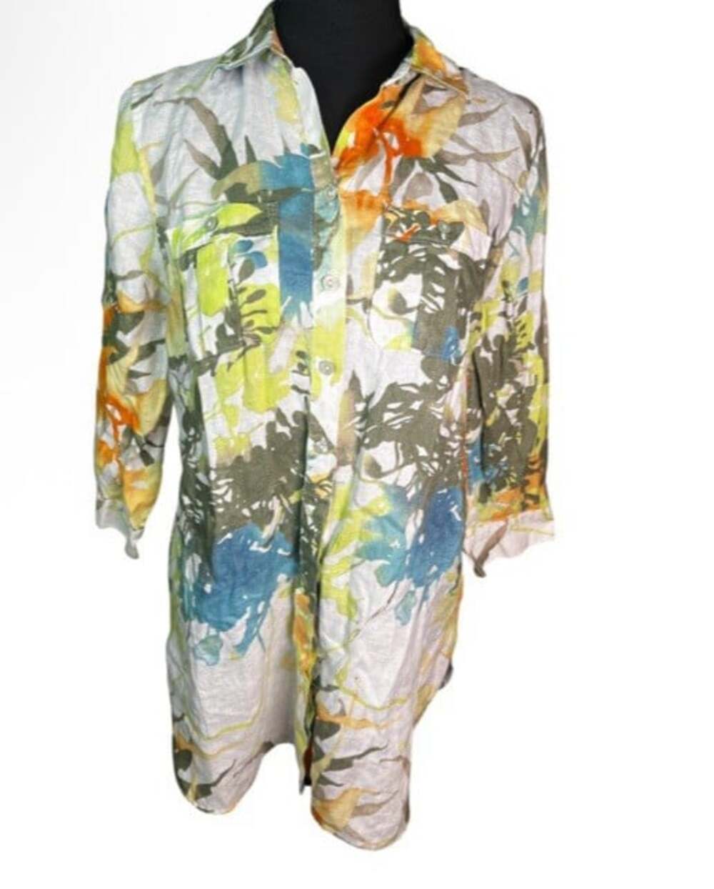 Chicos Abstract Art No-Iron Linen Button Down Shirt Blouse Top Tropical Sz 0 - Picture 2 of 8